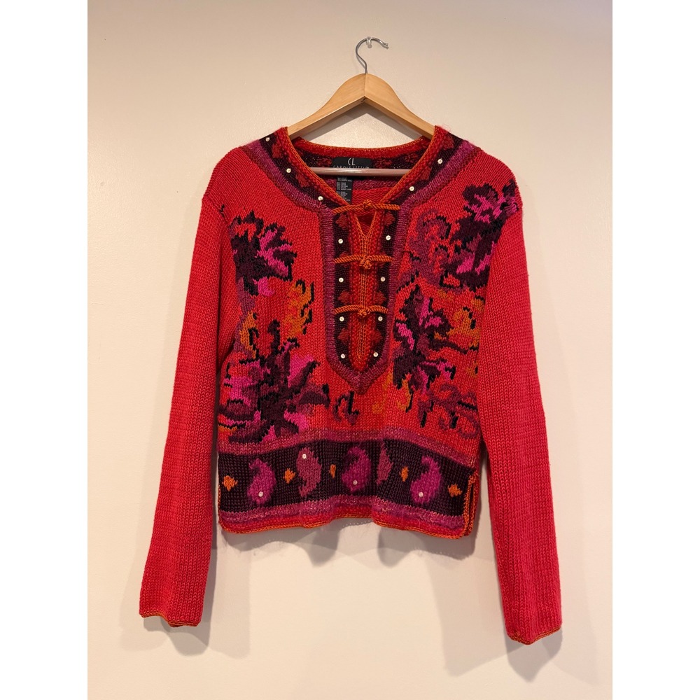 Carole Little vintage Red Pink Floral Paisley Sequin Lace Up Sweater Large